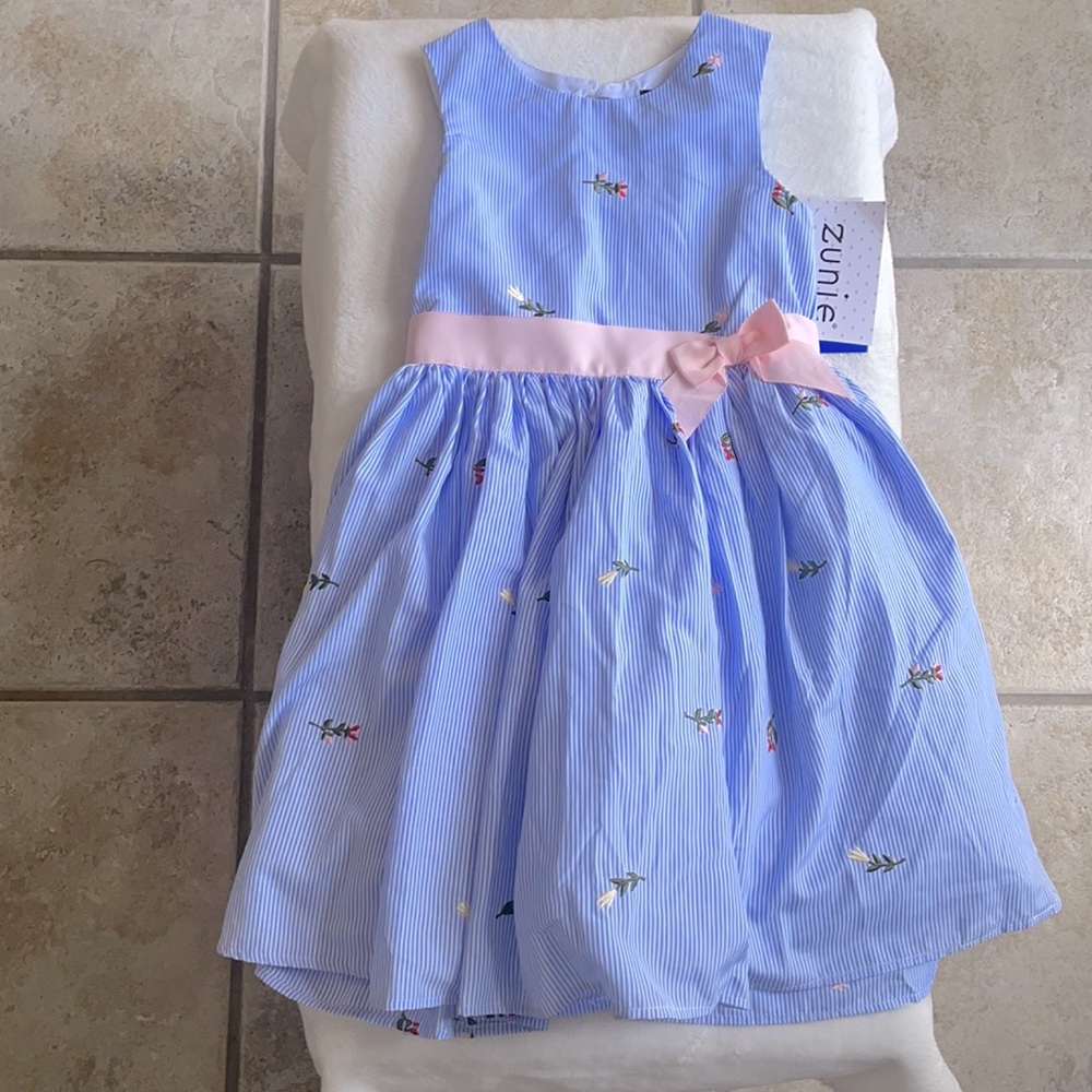 NWT Beautiful blue and white stripe dress with delicate embroidered flowers